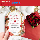 Invitations En Acrylique Quinceañera Rouge Or Mis Quince Fleurs de robe