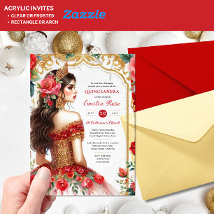 Invitations En Acrylique Quinceañera Rouge Or Mis Quince Fleurs de robe
