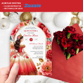 Invitations En Acrylique Quinceañera Rouge Or Mis Quince Fleurs de robe