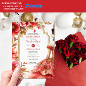Invitations En Acrylique Quinceañera Rouge Or Mis Quince Fleurs de robe