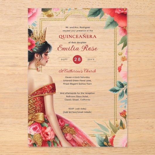 Invitations En Acrylique Quinceañera Rouge Or Mis Quince Fleurs de robe (Recto)