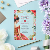 Invitations En Acrylique Quinceañera Rouge Or Mis Quince Fleurs de robe (Insitu (Mariage))