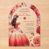 Invitations En Acrylique Quinceañera Rouge Or Mis Quince Fleurs de robe (Recto)