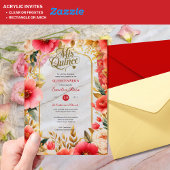 Invitations En Acrylique Quinceañera Rouge Or Mis Quince Fleurs Roses