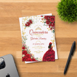 Invitations En Acrylique Quinceañera rouge papillons roses dorées