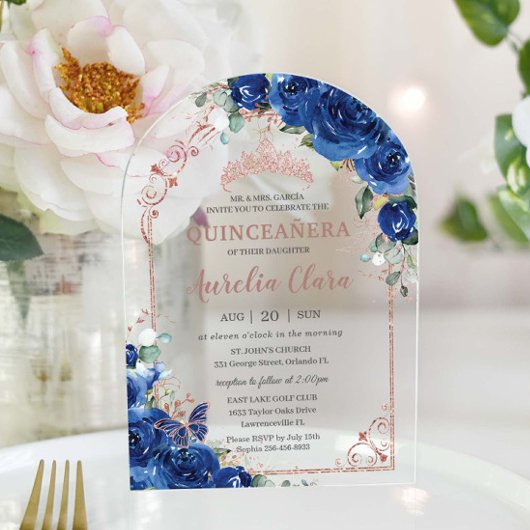 Invitations En Acrylique Quinceañera Royal Blue Floral Rose Or 16ème Arc