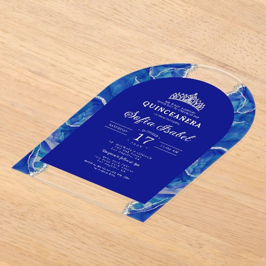Invitations En Acrylique Quinceañera Royal Blue Silver Agate élégant (Poser)