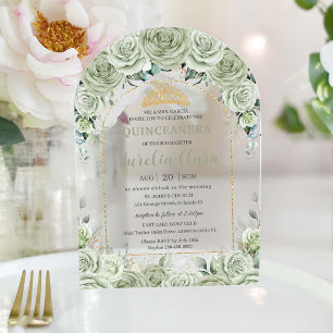 Invitations En Acrylique Quinceanera Sage Vert Floral Arc Or Moderne
