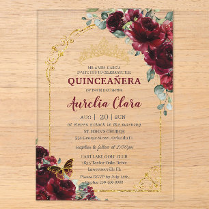 Invitations En Acrylique Quinceanera Sweet 15 16 Bourgogne Floral Couronne
