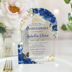 Invitations En Acrylique Quinceañera Sweet 16 Arche florale bleu royal