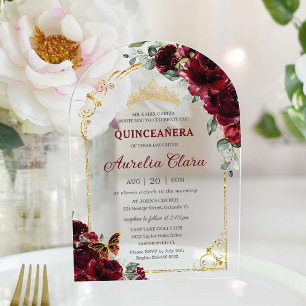 Invitations En Acrylique Quinceañera Sweet 16 Bourgogne Floral Couronne d'o