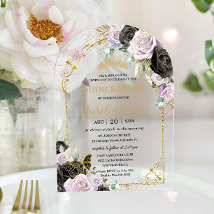 Invitations En Acrylique Quinceañera Sweet 16 Noir Fleurs Violettes et Or A