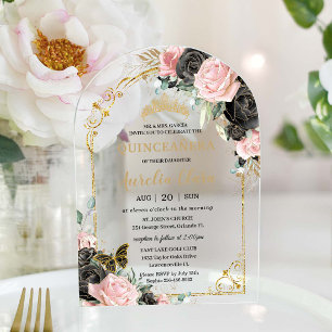 Invitations En Acrylique Quinceañera Sweet 16 Noir Rose Floral Couronne d'O