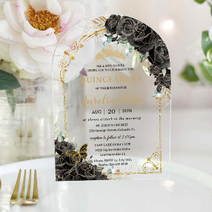 Invitations En Acrylique Quinceañera Sweet 16 Roses Noires Floral Couronne