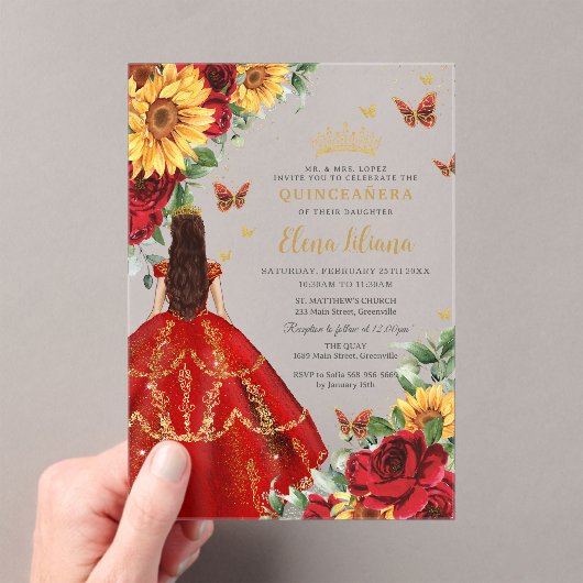 Invitations En Acrylique Quinceañera Sweet 16 Roses Rouges Fleurs de soleil (In situ (ordinateur de poche))
