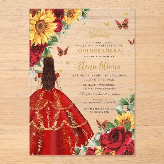 Invitations En Acrylique Quinceañera Sweet 16 Roses Rouges Fleurs de soleil (Recto)