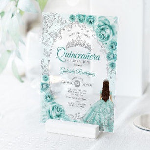 Invitations En Acrylique Quinceanera Turquoise Argent Floral
