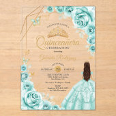 Invitations En Acrylique Quinceanera Turquoise Dress Floral Gold (Recto)