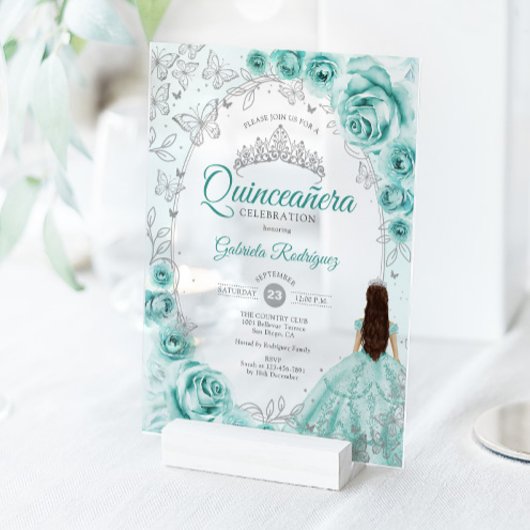 Invitations En Acrylique Quinceanera Turquoise Silver Floral