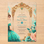Invitations En Acrylique Quinceañera Turquoise Vert Or Mis Fleurs de coing (Recto)