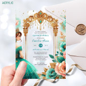 Invitations En Acrylique Quinceañera Turquoise Vert Or Mis Fleurs de coing