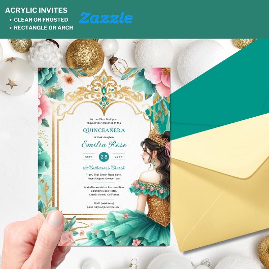 Invitations En Acrylique Quinceañera Turquoise Vert Or Mis Fleurs de coing