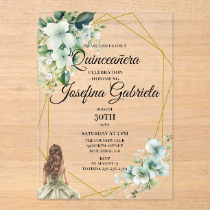 Invitations En Acrylique Quinceanera vert floral