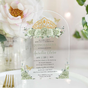 Invitations En Acrylique Quinceañera Vert Sauge Floral Couronne Dorée Papil