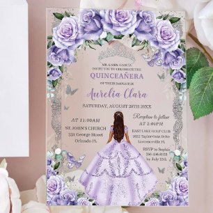 Invitations En Acrylique Quinceañera Violet Rose Floral Silver Princesse