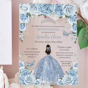 Invitations En Acrylique Quinceañera XV Bébé Bleu Floral Princesse Argent