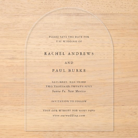 Invitations En Acrylique Rachel Mariage élégant formel Enregistrer la date (Recto)