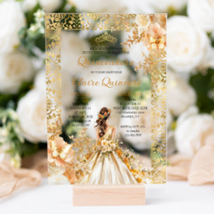 Invitations En Acrylique Radiant Bloom Floral Princess Quinceanera Or
