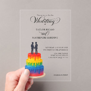 Invitations En Acrylique Rainbow cake et élégant script gay mariage