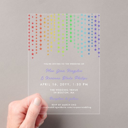Invitations En Acrylique Rainbow Star Garlands Mariage informel LGBTQ (In situ (ordinateur de poche))