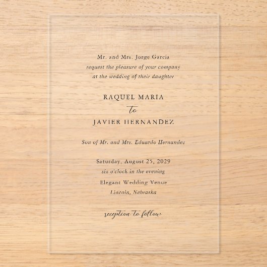 Invitations En Acrylique Raquel Classic Mariage élégant (Recto)
