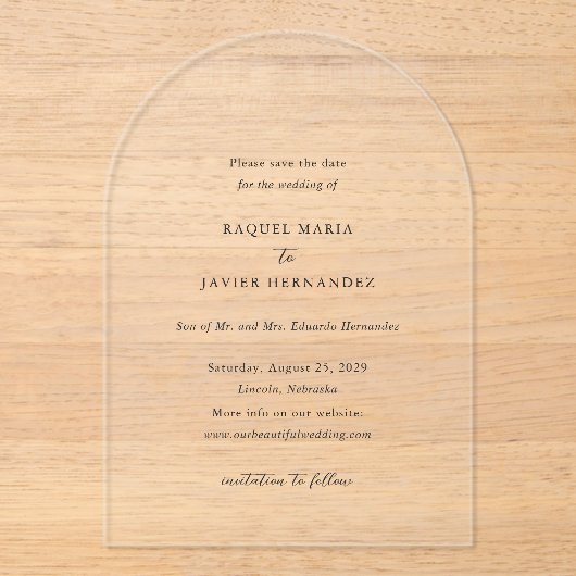 Invitations En Acrylique Raquel Classic Mariage élégant Enregistrer la date (Recto)