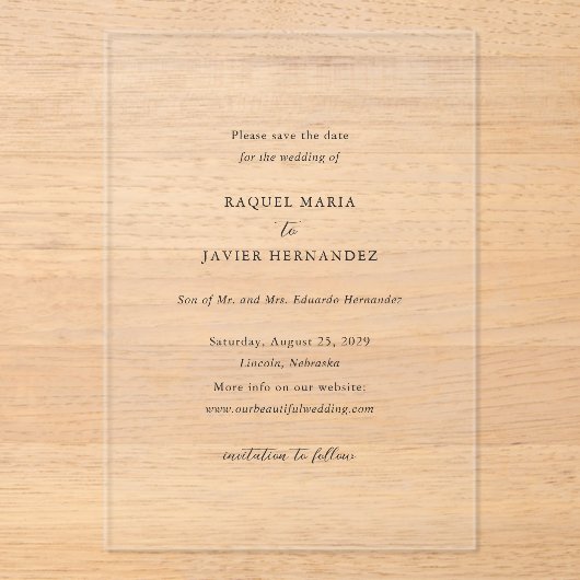Invitations En Acrylique Raquel Classic Mariage élégant Enregistrer la date (Recto)