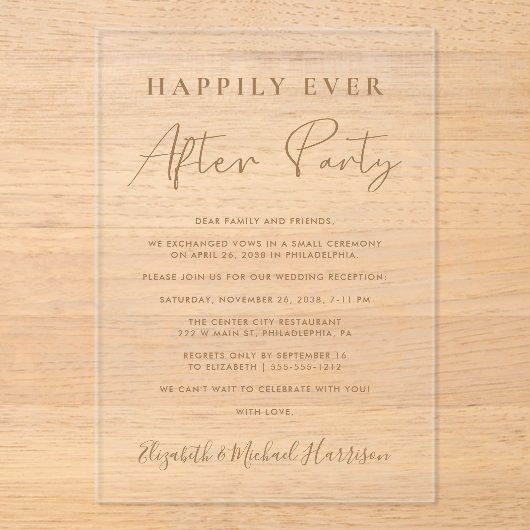 Invitations En Acrylique Réception De Mariage Chic Gold Script (Recto)