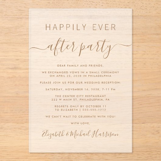 Invitations En Acrylique Réception de mariage Chic Gold Script Frosted (Recto)
