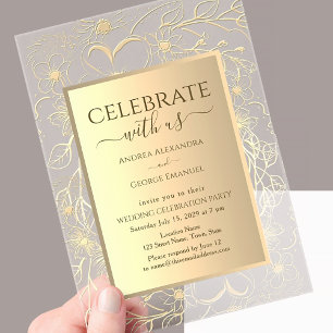 Invitations En Acrylique Réception de mariage élégante florale or