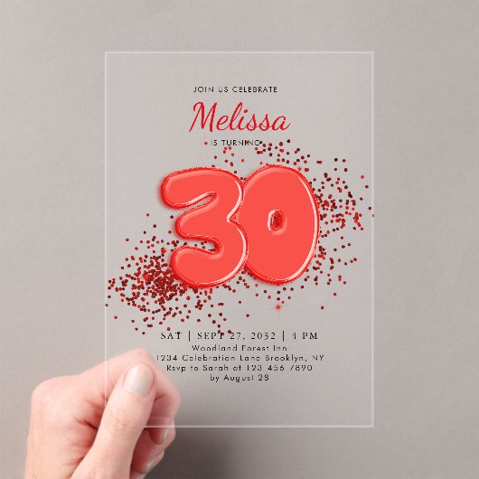 Invitations En Acrylique Red 30th Balloons Confetti Anniversaire adulte (In situ (ordinateur de poche))