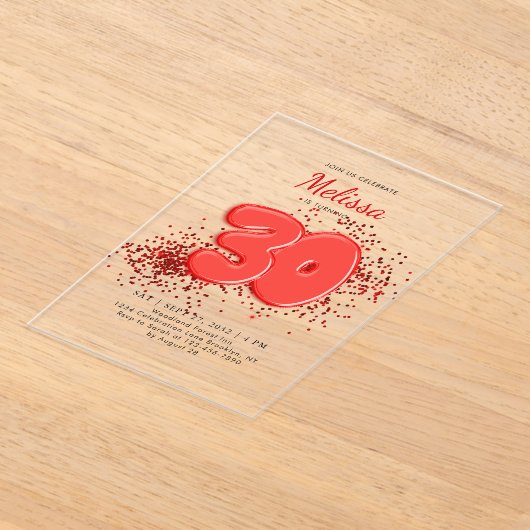 Invitations En Acrylique Red 30th Balloons Confetti Anniversaire adulte (Poser)