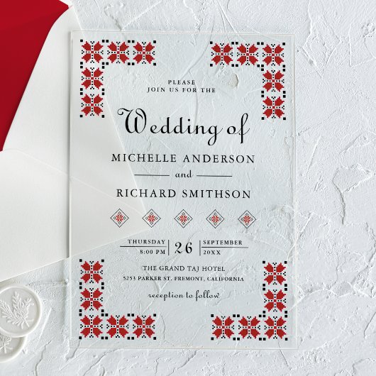Invitations En Acrylique Red and Black Ukrainian Embroidery Wedding