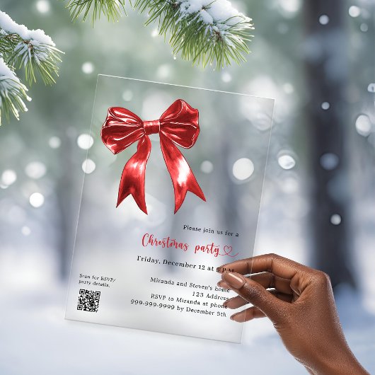 Invitations En Acrylique Red bow clear QR code Noël