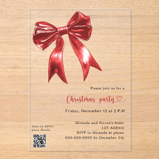 Invitations En Acrylique Red bow clear QR code Noël (Recto)