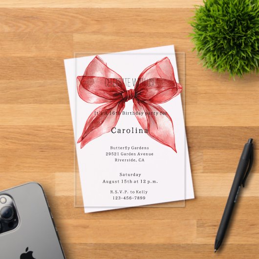 Invitations En Acrylique Red Bow Ribbon 16th Birthday (or any year) (Insitu (Carte d'invitation))