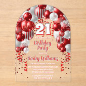 Invitations En Acrylique Red Celebration Balloons 21e fête d'anniversaire (Recto)