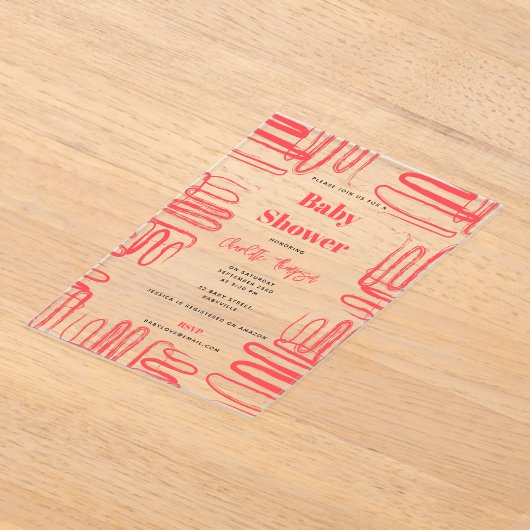 Invitations En Acrylique Red Curve Wavy Squiggle Abstract Baby Shower (Poser)