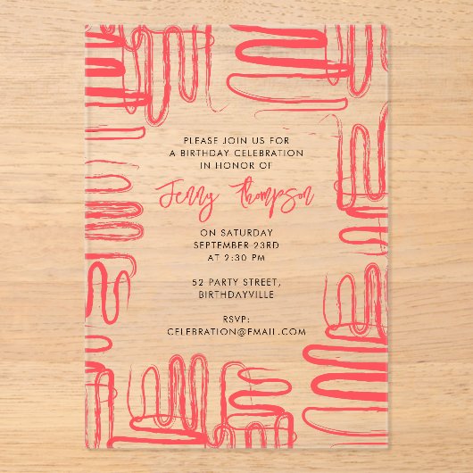 Invitations En Acrylique Red Curve Wavy Squiggle Abstract Birthday Party (Recto)
