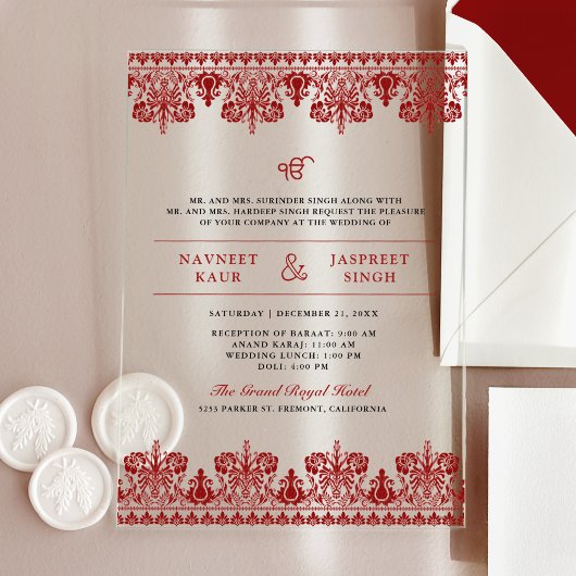 Invitations En Acrylique Red Damask Border Anand Karaj Sikh Wedding